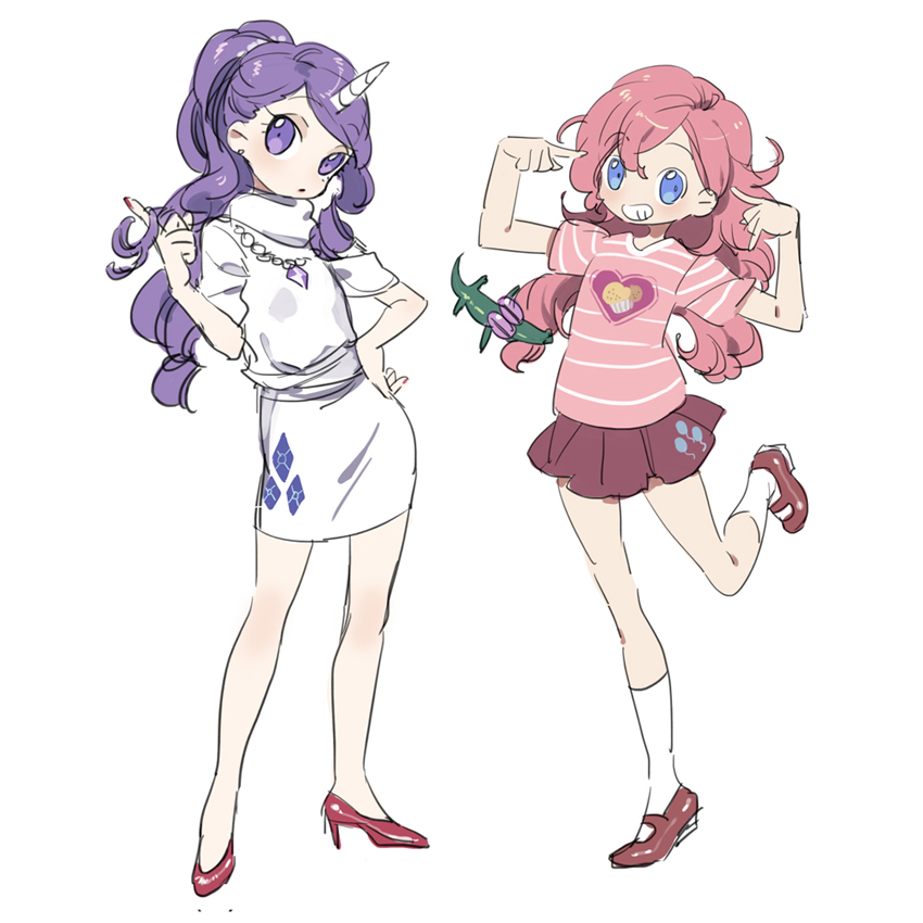 2girls blue_hair casual full_body grin gummy hair_twirling high_heels horn long_hair multiple_girls my_little_pony my_little_pony_friendship_is_magic newrein personification pink_hair pinkie_pie ponytail purple_hair rarity red_shoes shoes skirt smile standing standing_on_one_leg t-shirt tiptoes white_background