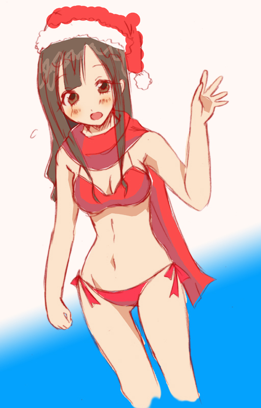 1girl 3305 :o bikini blush breasts brown_eyes brown_hair cleavage hat idolmaster idolmaster_cinderella_girls long_hair midriff mizumoto_yukari navel open_mouth santa_hat scarf solo swimsuit