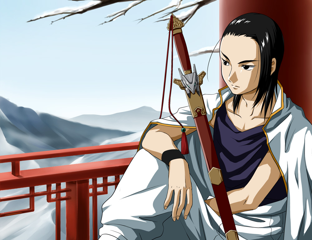 1boy black_eyes black_hair chang_wufei gundam gundam_wing hair_down mountain rei_(usabiba) sitting snow solo sword weapon wristband