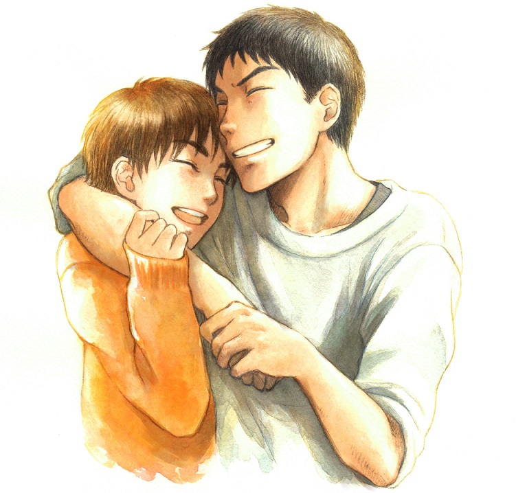 1boy 1girl black_hair brown_hair closed_eyes couple grin happy hetero hug izumi_noa kidou_keisatsu_patlabor shinohara_asuma short_hair smile ususionorisio