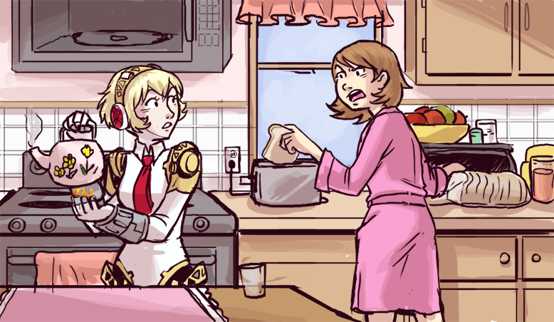 2girls aegis android atlus bathrobe blonde_hair bread brown_hair dani_(retro) fire food headphones kitchen megami_tensei multiple_girls necktie persona persona_3 robot_joints short_hair takeba_yukari teapot toast toaster