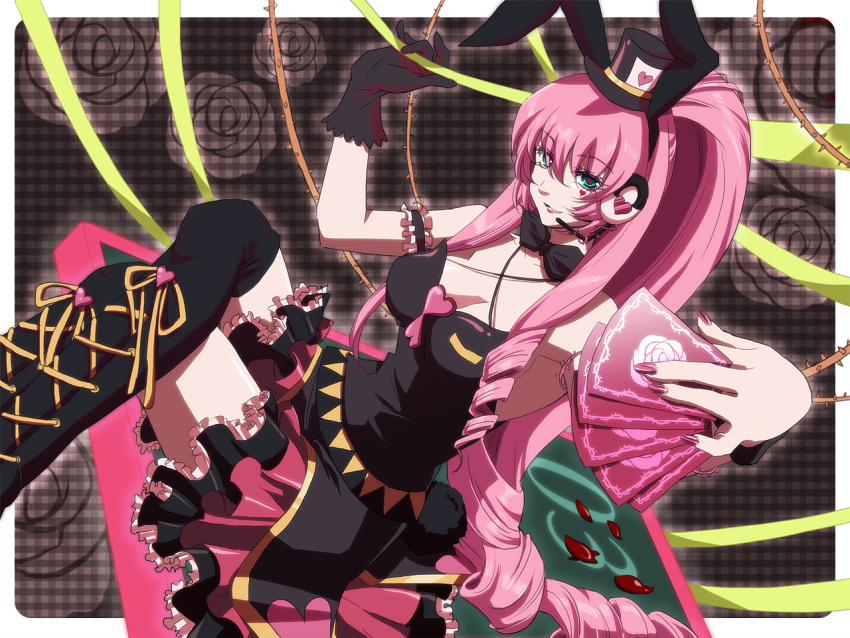 animal_ears bad_id boots bowtie breasts bunny_ears bunny_tail card choker cleavage cross-laced_footwear crossed_legs drill_hair flower frills gloves green_eyes hat headband headphones headset heart holding holding_card ichihara2929 lace-up_boots long_hair megurine_luka mini_top_hat nail_polish pink_hair rabbit_ears rose single_glove sitting solo tail thighhighs thorns top_hat very_long_hair vines vocaloid