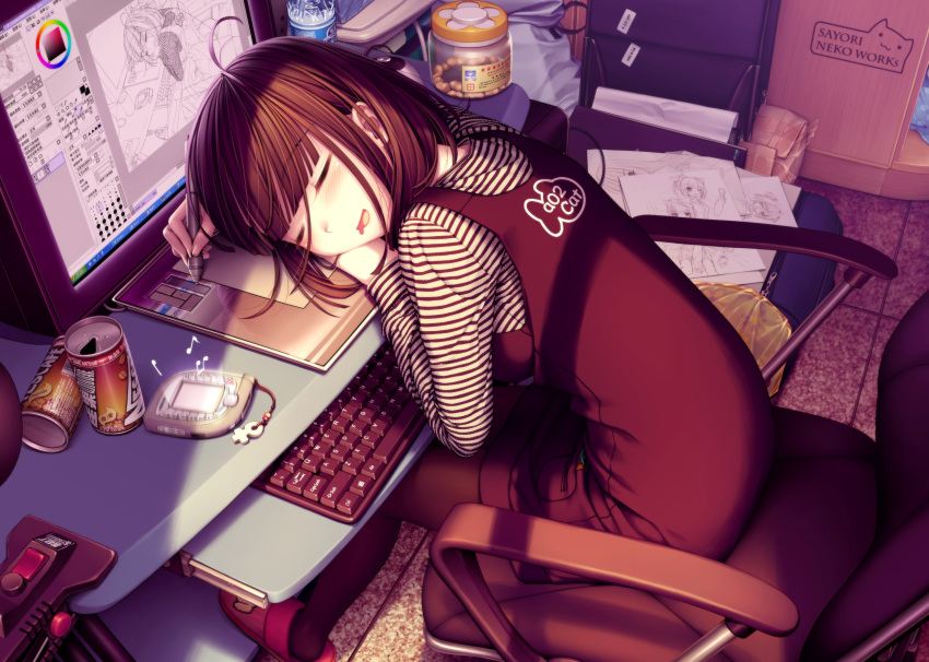 ahoge bad_id blush bottle brown_hair can cellphone chair chinese closed_eyes coffee computer computer_keyboard drawing drink drool drooling highres long_hair musical_note nescafe office_chair original painttool_sai pantyhose phone photoshop product_placement recursion reflection saliva sayori sayori_(character) shirt short_hair sitting sleeping smile solo striped striped_shirt stylus tablet trash venus_symbol wacom water_bottle windows
