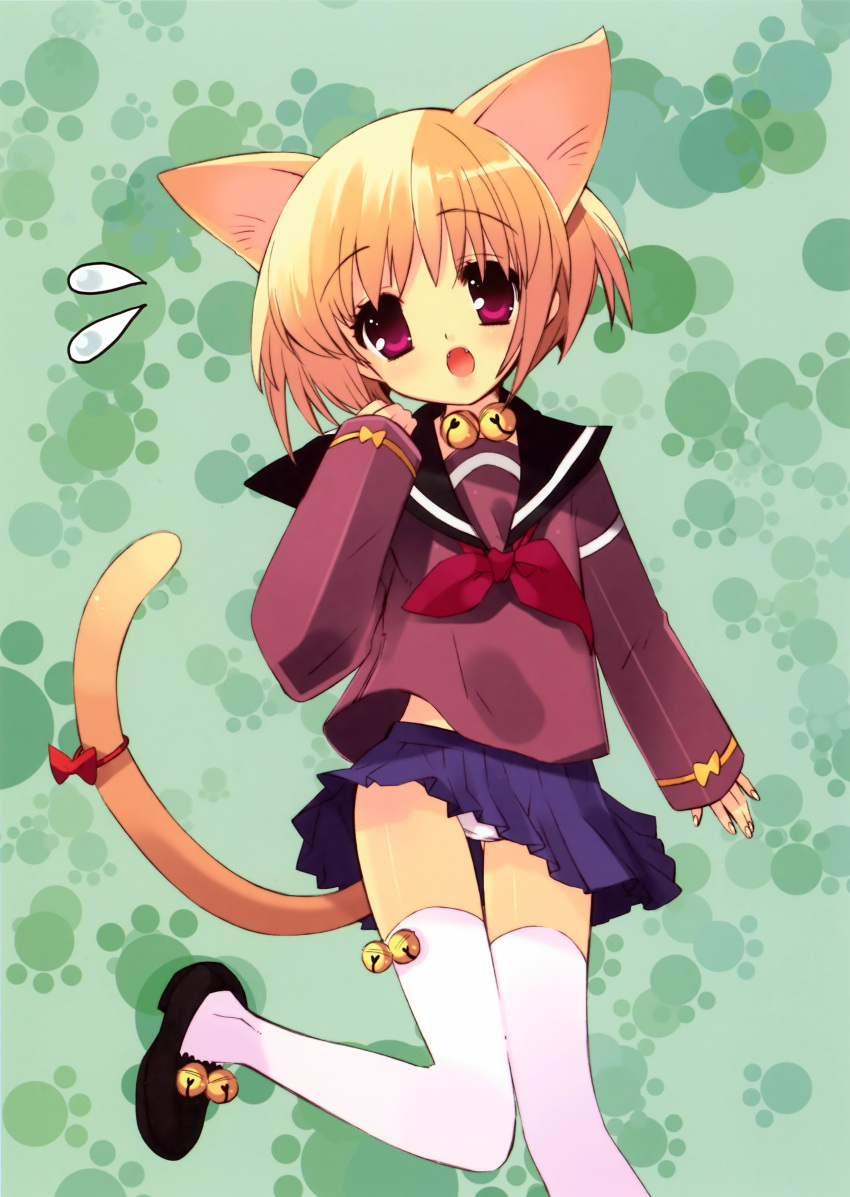 animal_ears blonde_hair cat_ears highres itou_noiji koihime_musou noizi_ito panties pink_eyes ribbon school_uniform seifuku shokatsuryou short_hair skirt skirt_lift tail thigh-highs thighhighs underwear