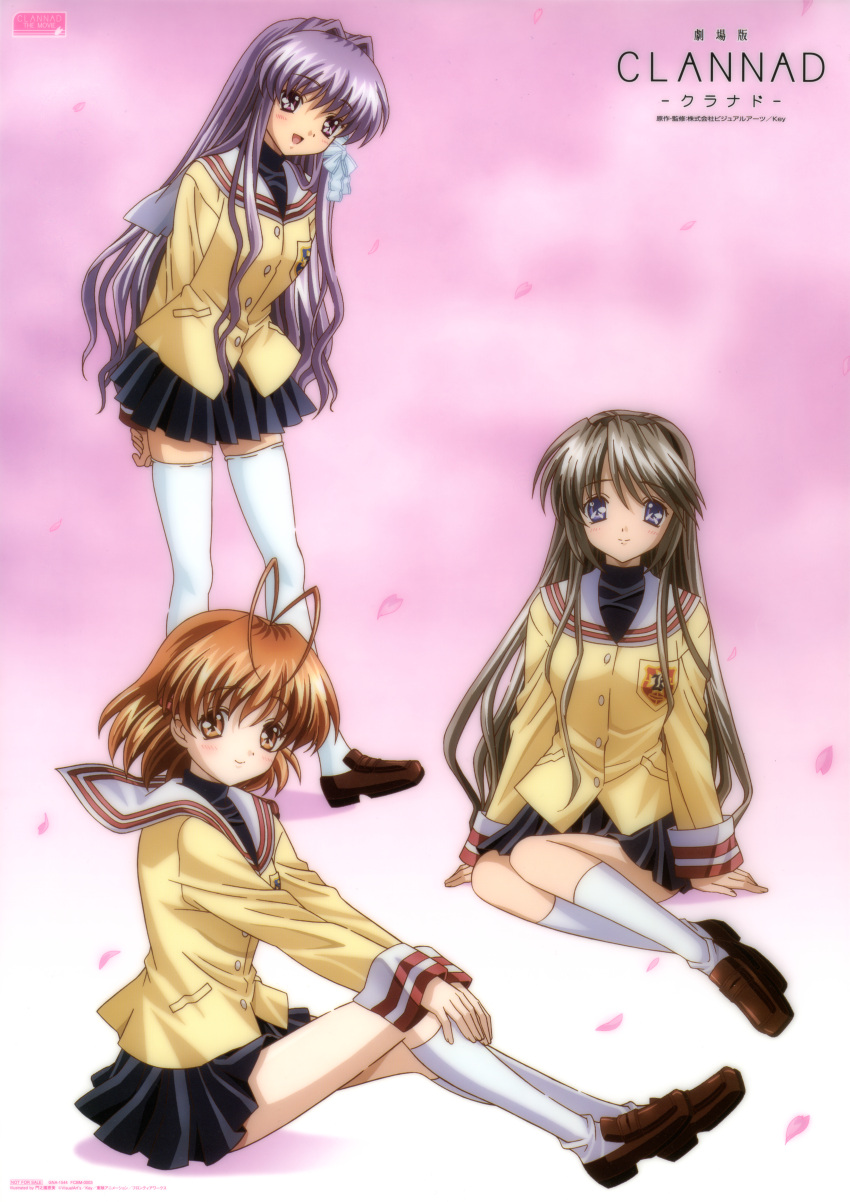 3girls ahoge blue_eyes blush brown_eyes brown_hair clannad copyright_name fujibayashi_kyou furukawa_nagisa grey_hair headband loafers long_hair multiple_girls official_art purple_eyes purple_hair ribbon sakagami_tomoyo school_uniform short_hair skirt smile thighhighs white_legwear winter_uniform