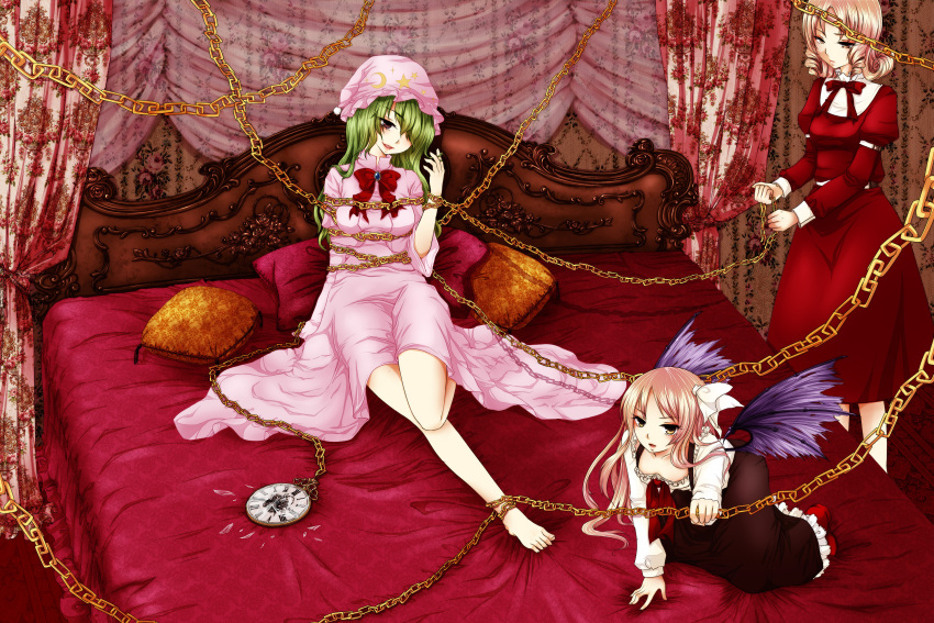 3girls bdsm bed blonde_hair bondage bow broken broken_glass canopy_bed chain clock dress drill_hair elly feet female geike glass green_hair hair_bow hat head_tilt highres kazami_yuuka kazami_yuuka_(pc-98) kurumi_(touhou) long_hair nightcap nightgown open_mouth pillow pink_dress red_dress red_eyes ribbons short_hair source_request touhou touhou_(pc-98) wings yellow_eyes