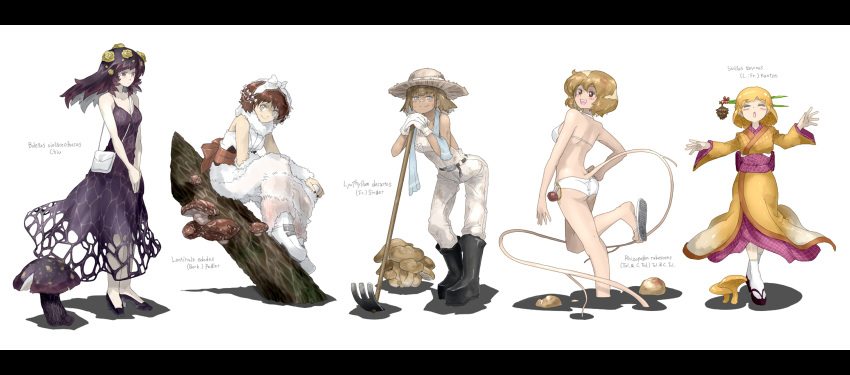 :d ass bag bikini black_hair blonde_hair blush boletus_violaceofuscus boots breasts brown_eyes brown_hair cleavage closed_eyes dress eyes_closed flower gloves hair_flower hair_ornament hairband hairpin hat high_heels highres hoe japanese_clothes kimono leaning lentinula_edodes letterboxed lineup log long_hair long_image lyophyllum_decastes multicolored_hair multiple_girls mushroom nail_polish obi open_mouth original oso oso_(toolate) pants personification purse red_eyes rhizopogon_rubescens sandals scarf shoes short_hair sitting smile suillus_bovinus swimsuit tabi tail tan tank_top two-tone_hair white_bikini wide_image worktool