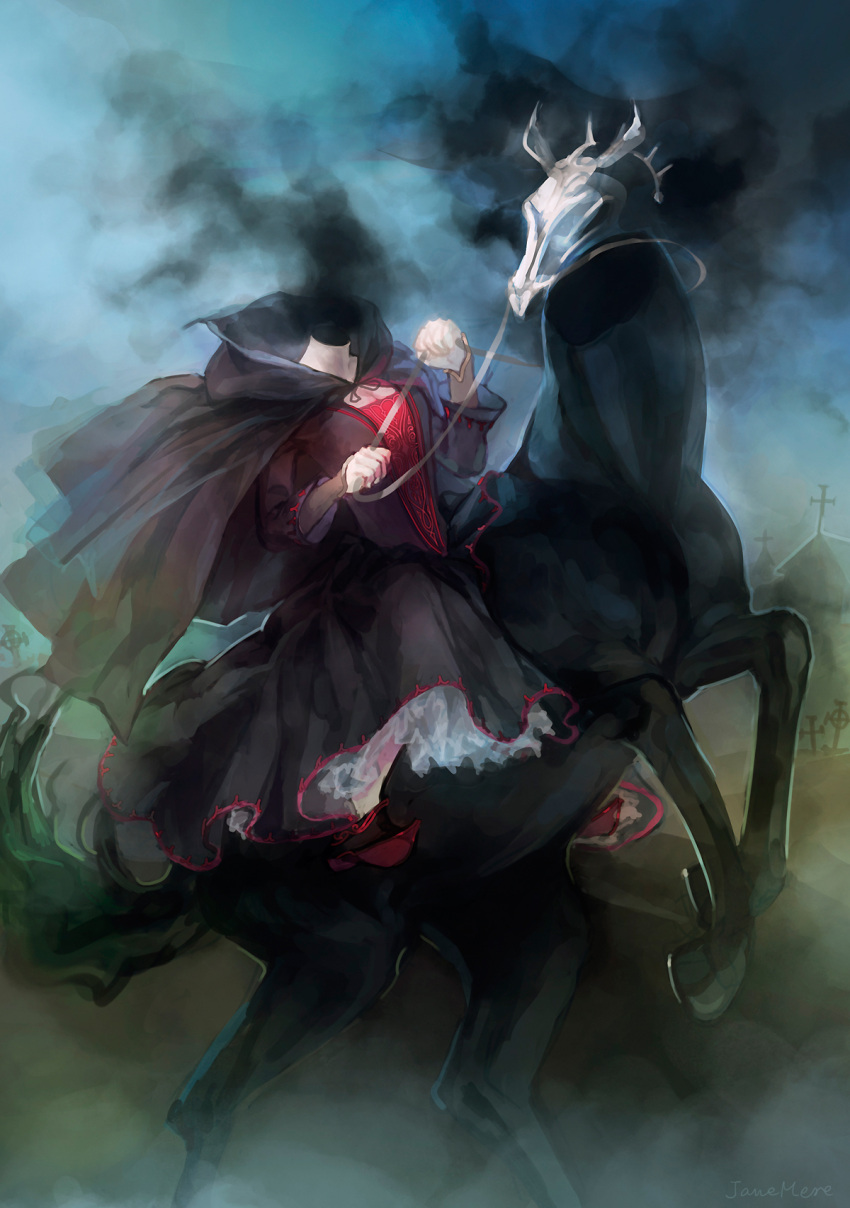 1girl barding black cape celty_sturluson dress dullahan durarara!! headless highres horse horseback_riding janemere smoke solo