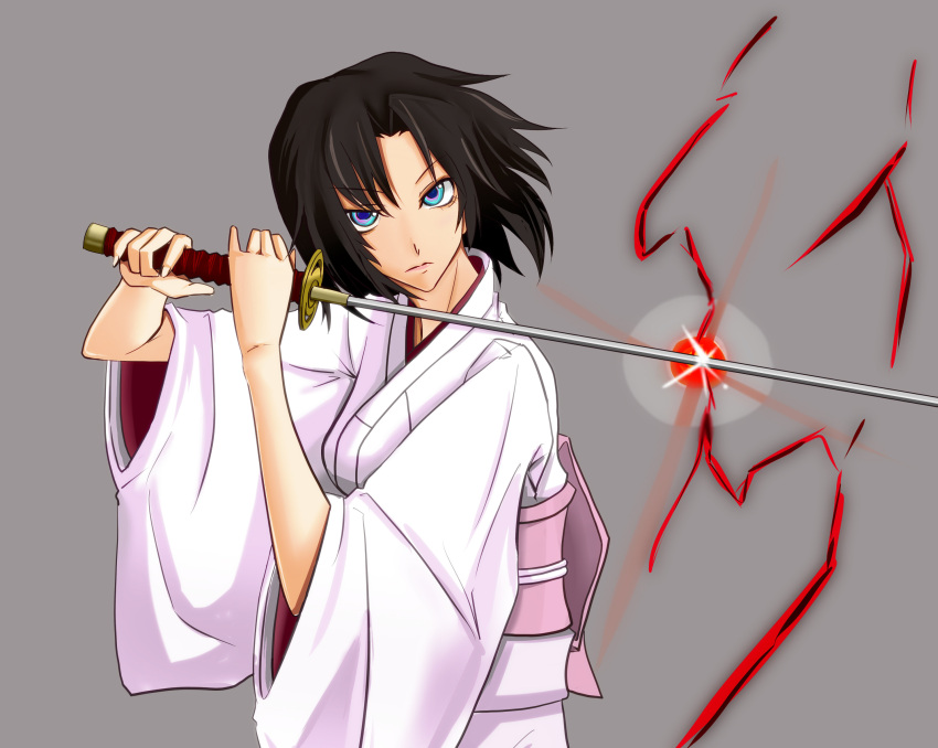 black_hair brown_hair highres japanese_clothes kara_no_kyoukai katana kimono multicolored_eyes obi pink_eyes ryougi_shiki short_hair simple_background solo sword weapon webslinger