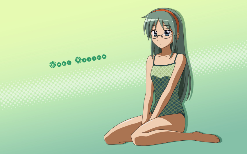 blue_eyes green_eyes green_hair hayate_no_gotoku! headband kijima_saki long_hair swimsuit