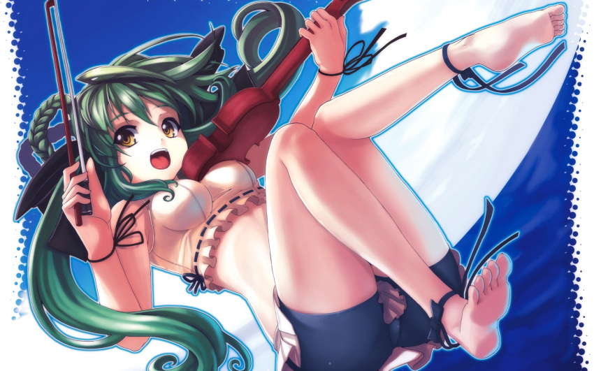 barefoot bike_shorts bow braid braids breasts cello christinya feet green_hair hair_bow hands highres instrument jewelry legs long_hair midriff open_mouth original plait skirt smile soles spandex twintails violin wallpaper yellow_eyes