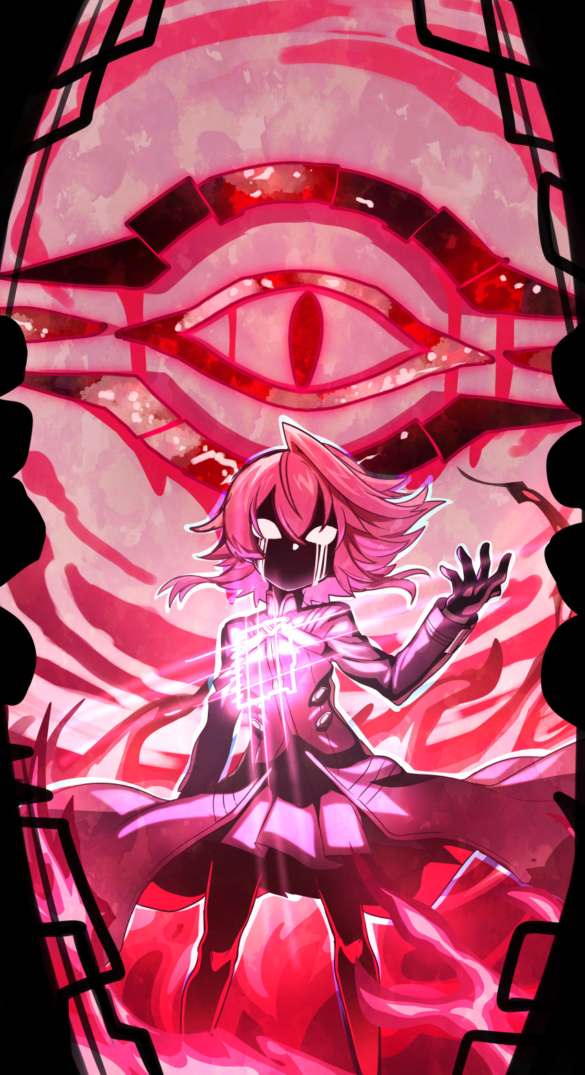 1girl absurdres arm_rest blue_archive coat commentary_request dark_persona eye_of_horus face_in_shadow feet_out_of_frame floating_hair glowing hand_up highres hoshino_(blue_archive) hoshino_terror_(blue_archive) legs_apart long_sleeves mioshi_(vixis340) official_alternate_costume official_alternate_hair_length official_alternate_hairstyle outline pleated_skirt red_theme short_hair skirt solo standing white_outline