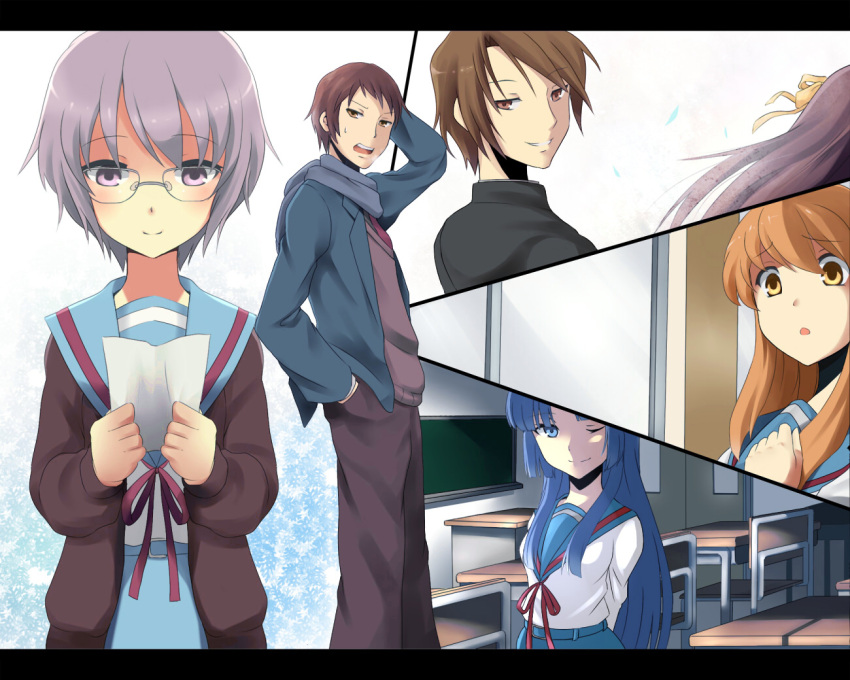 asakura_ryouko bad_id cardigan koizumi_itsuki kyon nagato_yuki school_uniform suzumiya_haruhi suzumiya_haruhi_no_shoushitsu suzumiya_haruhi_no_yuuutsu tsuchifumazu