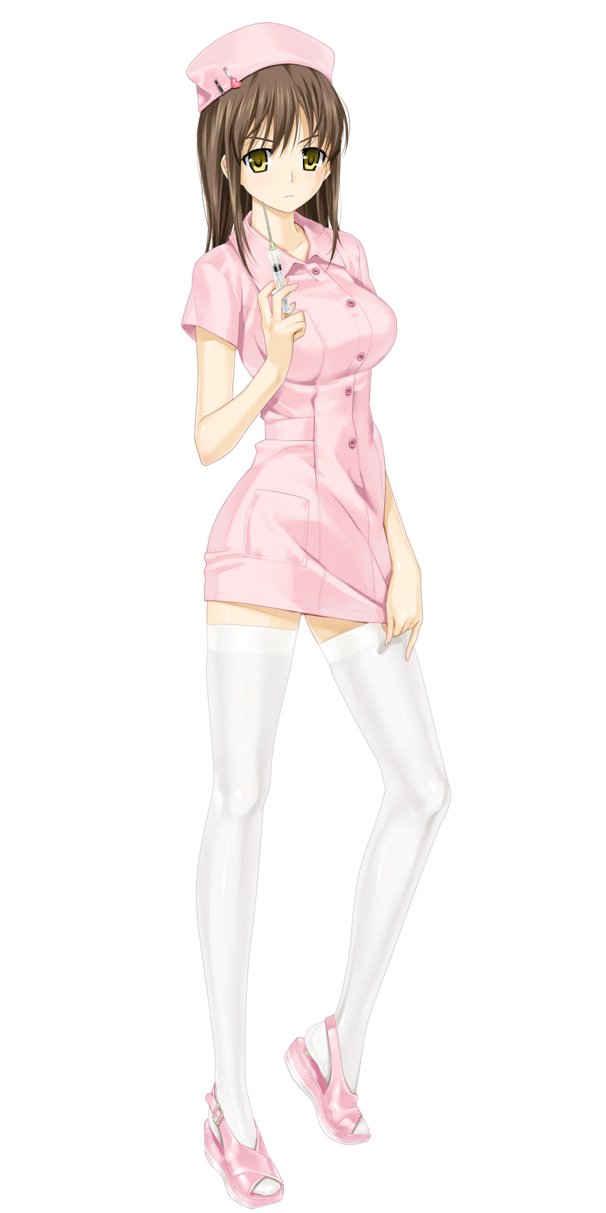 1girl blush breasts brown_hair buttons closed_mouth daimonji_emi female full_body happoubi_jin hat highres holding long_hair nurse pink_footwear pink_shoes shoes short_sleeves skirt_pull solo standing syringe thighhighs transparent_background white_legwear white_thighhighs yellow_eyes zettai_ryouiki zettai_shougeki