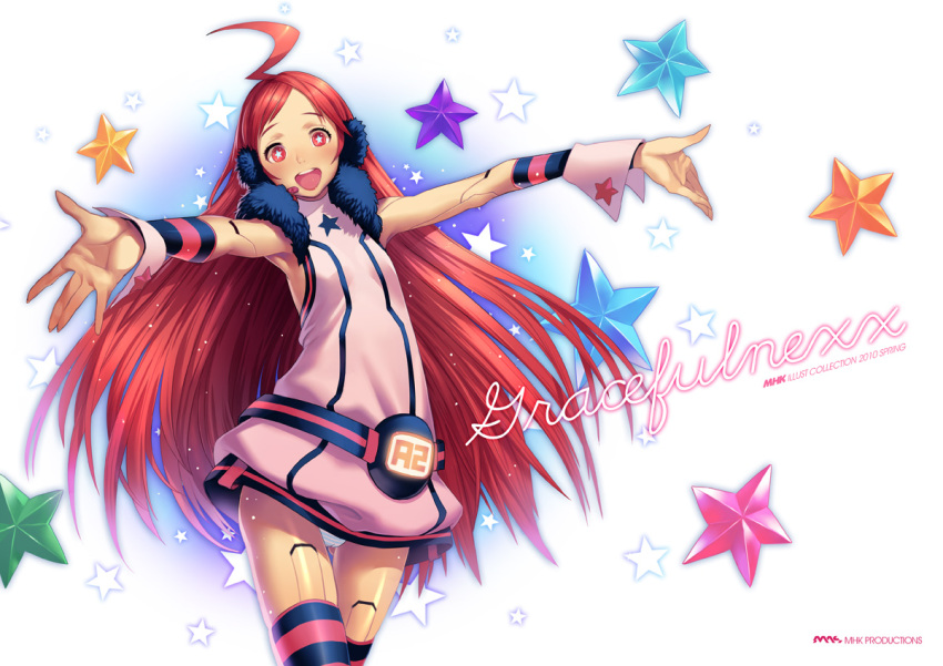 1girl ahoge android blush dress earmuffs female fur_collar headphones headset kneehighs long_hair mhk_(mechamania) miki_(vocaloid) open_mouth panties pantyshot red_eyes red_hair redhead robot_joints sf-a2_miki smile solo spread_arms star star-shaped_pupils striped striped_kneehighs striped_panties striped_thighhighs symbol_shaped_pupils thigh-highs thighhighs underwear very_long_hair vocaloid white_panties wrist_cuffs