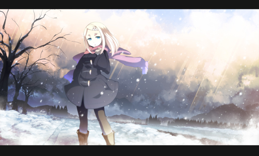 blonde_hair blue_eyes boots cloud coat coat_dress forest hair_ornament hairclip highres nature original outdoors pantyhose scarf snow solo tree winter winter_clothes