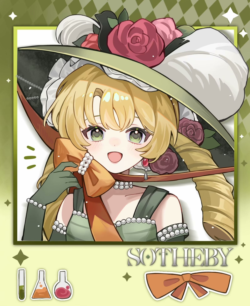 1girl :d argyle_border bare_shoulders blonde_hair border bow character_name chin_strap dress drill_hair earrings elbow_gloves elgyuli erlenmeyer_flask flask flower gloves green_border green_dress green_eyes green_gloves green_hat hand_up hat hat_feather hat_flower highres jewelry looking_at_viewer low_twintails necklace notice_lines open_mouth orange_bow outside_border pearl_necklace portrait procreate_(medium) red_flower reverse:1999 round-bottom_flask sleeveless sleeveless_dress smile solo sotheby sparkle sun_hat test_tube twin_drills twintails