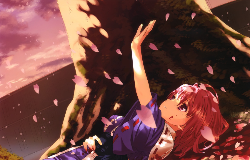 blood cherry_blossoms flower_petals highres huge_filesize japanese_clothes kamikire_basami lying on_back outstretched_arm outstretched_hand petals pink_hair reaching red_eyes saigyouji_yuyuko saigyouji_yuyuko_(living) scan short_hair smile solo sunset tears touhou tree wound yasuyuki