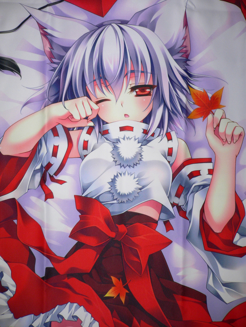 animal_ears bare_shoulders bed blush bow detached_sleeves elbow_gloves highres inubashiri_momiji japanese_clothes leaf maple_leaf midriff miko on_back ookamimimi riv scan short_hair shrine_maiden touhou waking_up wink wolf_ears wolfgirl