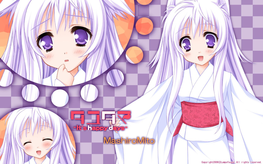 blush kimono mito_mashiro moekibara_fumitake purple_eyes tayutama white_hair