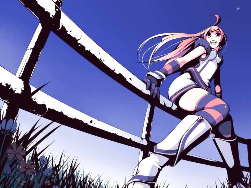 android blue_sky blush boots earmuffs fence fish_eye flower fur_collar gloves grass headphones headset kneehighs long_hair looking_up miki_(vocaloid) open_mouth red_eyes sf-a2_miki sitting sky smile socks solo striped striped_gloves striped_kneehighs thigh-highs torigoe_takumi very_long_hair vocaloid wrist_cuffs
