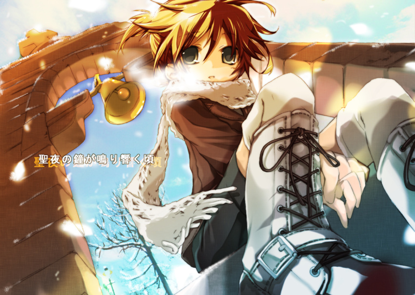 bell blonde_hair blue_eyes boots breath from_below hekicha kagamine_len male scarf shorts sitting snow solo vocaloid winter
