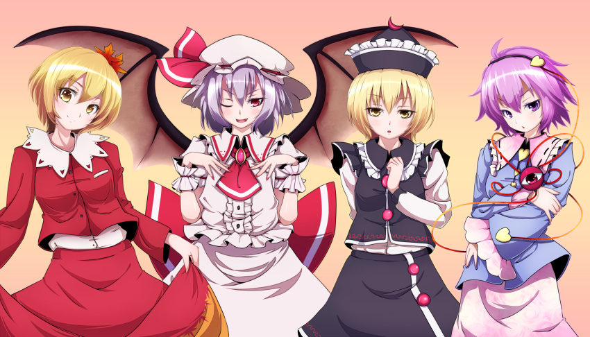 aki_shizuha blonde_hair hair_ornament hairband hat highres komeiji_satori lavender_hair lunasa_prismriver multiple_girls nikka nikka_(cryptomeria) purple_eyes purple_hair red_eyes remilia_scarlet short_hair touhou wink yellow_eyes