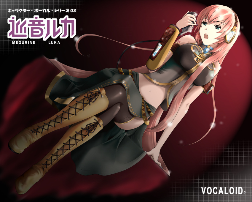 arm_up black_legwear blue_eyes boots breasts cross-laced_footwear crossed_legs dutch_angle headphones knee_boots lace-up_boots large_breasts legs long_hair megurine_luka microphone midriff navel open_mouth pink_hair puliapus side_slit sitting skirt solo thigh_highs thighhighs thighs very_long_hair vocaloid wallpaper