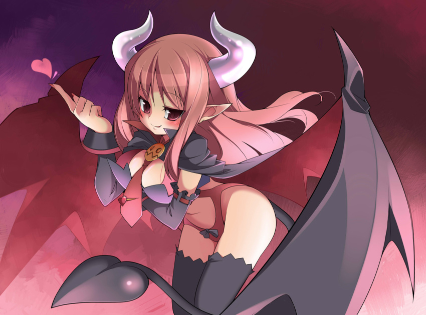 black_legwear breasts cleavage demon_girl demon_tail demon_wings disgaea heart horns kokka_han long_hair makai_senki_disgaea makai_senki_disgaea_3 necktie pointy_ears red_eyes red_hair redhead smile succubus succubus_(disgaea) tail thigh_highs thighhighs wings