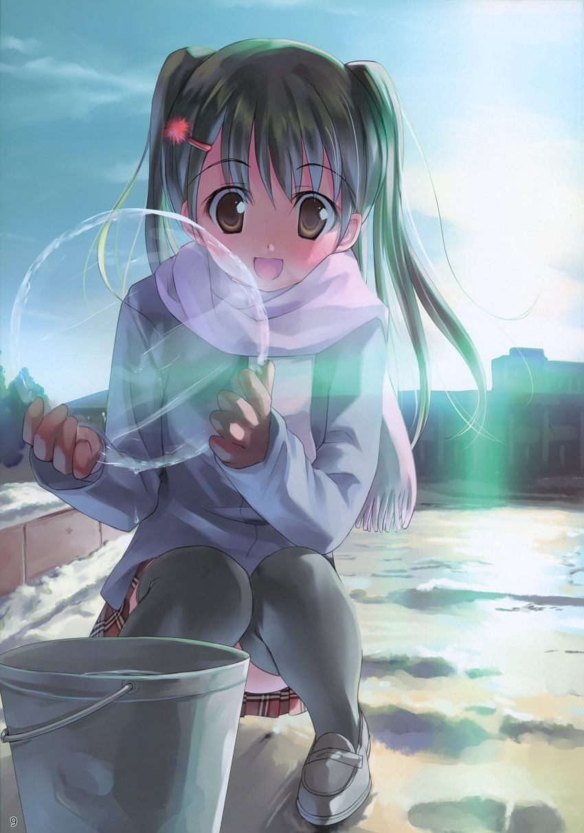 1girl :d bucket building character_request day eyebrows_visible_through_hair gloves hair_ornament happy holding kogemashita long_sleeves looking_at_viewer plaid_skirt scarf skirt sky smile snow sunbeam takoyaki thigh-highs twintails