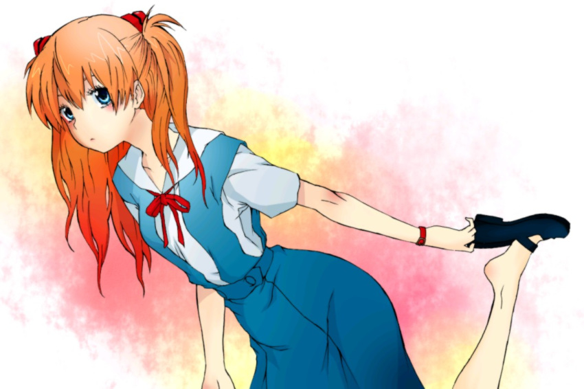 bracelet long_hair neon_genesis_evangelion no_socks orange_hair pigtails putting_on_shoes ribbon school_uniform shanghai_man shoes simple_background skirt souryuu_asuka_langley twintails watch wristwatch