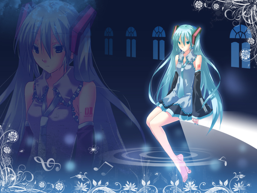 1girl artist_request detached_sleeves feet_in_water full_body hatsune_miku long_hair musical_note partially_submerged projected_inset sitting solo twintails vocaloid water