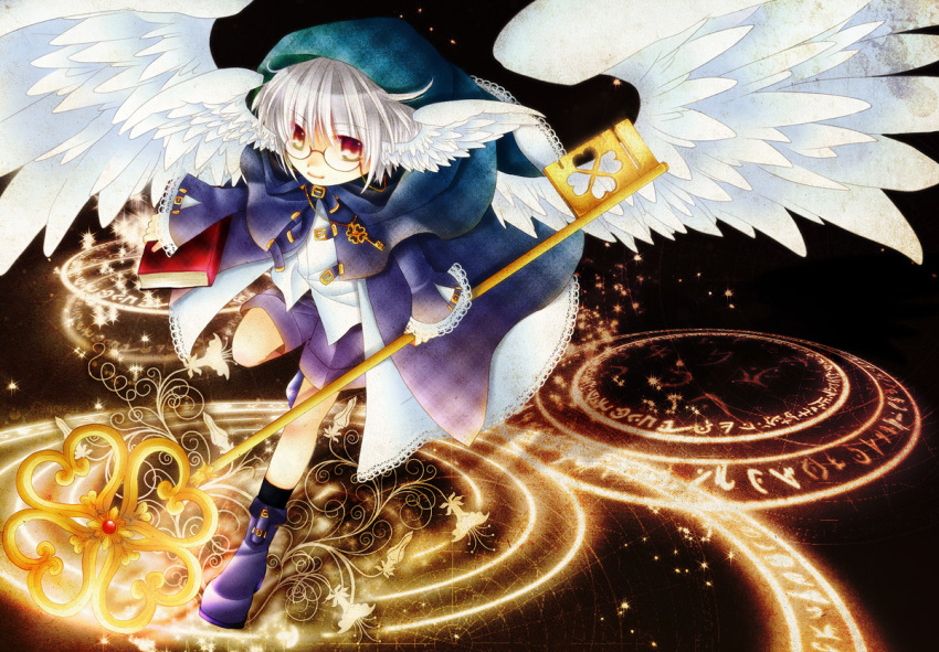 1boy albino ascendancy bad_id book glasses head_wings key magic_circle male original red_eyes shorts solo white_hair wings