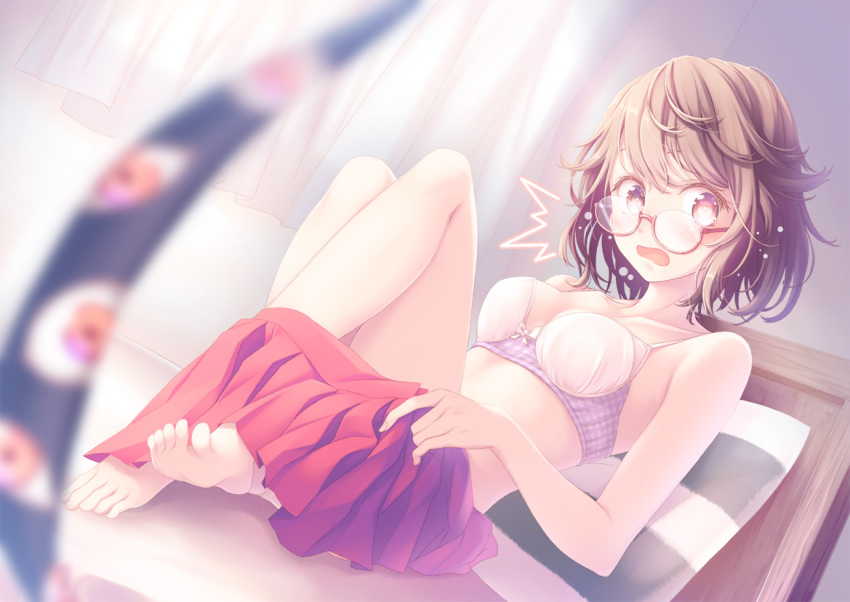 1girl bangs bare_shoulders barefoot bed bed_sheet blush bow bow_bra bra breasts brown_hair collarbone commentary_request curtains eyebrows_visible_through_hair eyelashes feet fingernails gap_(touhou) knees medium_breasts midorino_eni miniskirt open_mouth pillow pleated_skirt red_eyes red_skirt rimless_eyewear short_hair sitting skirt soles solo thighs toenails toes touhou underwear undressing usami_sumireko violet_eyes white_bra window