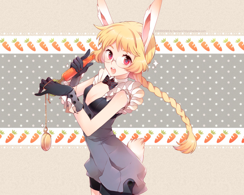1girl animal_ears anthropomorphization blonde_hair braid breasts bunny_ears bunny_tail cleavage long_hair glasses nardack rabbit_ears red_eyes single_braid solo tail white_rabbit