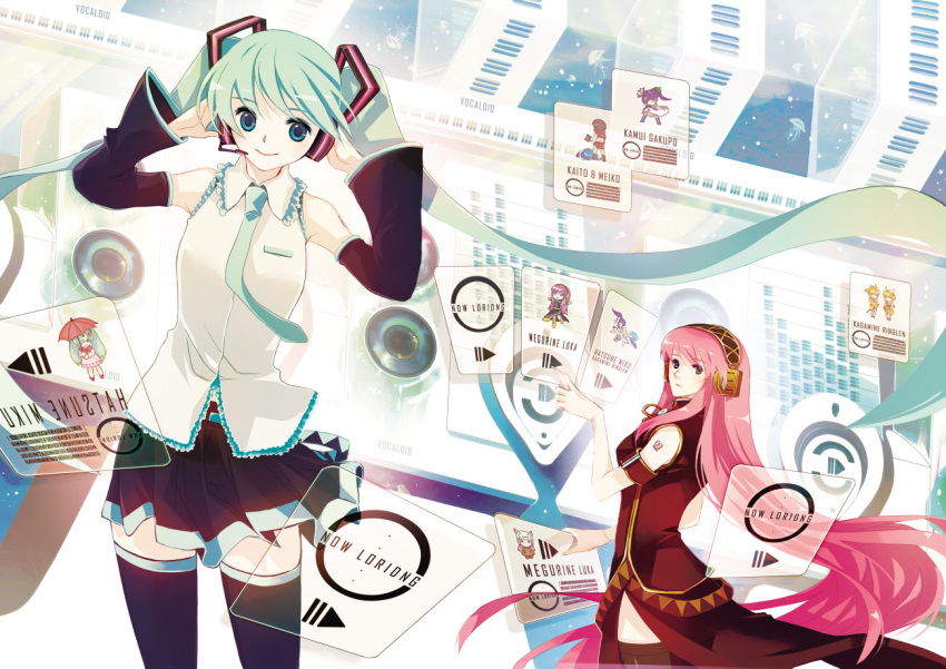 2girls aqua_hair bad_id chris4708 double_lariat_(vocaloid) engrish gekokujou_(vocaloid) hatsune_miku headphones headset kagamine_len kagamine_rin kaito kamui_gakupo long_hair megurine_luka meiko melt_(vocaloid) necktie pink_hair ranguage skirt smile thighhighs toeto_(vocaloid) twintails very_long_hair vocaloid zettai_ryouiki