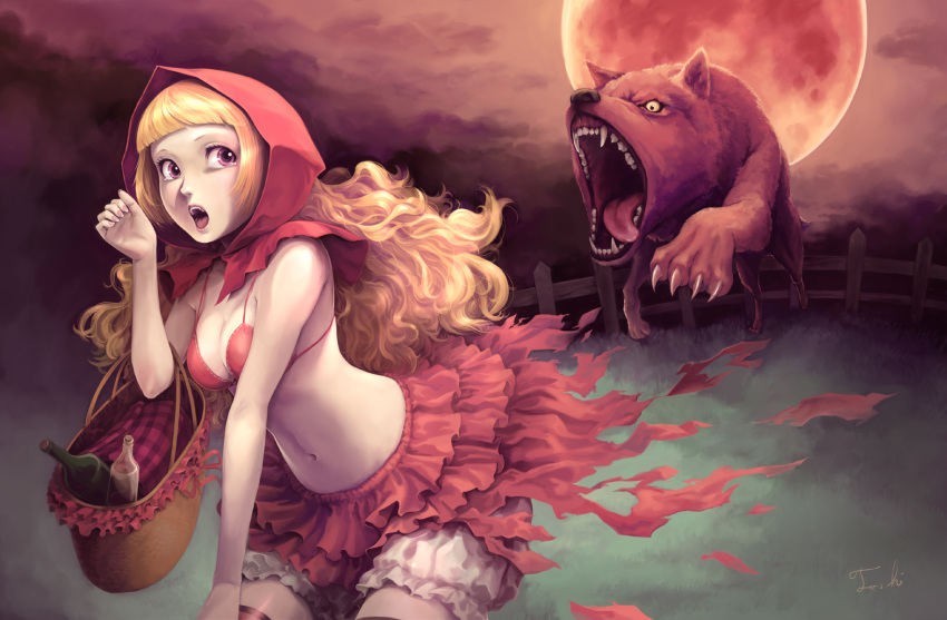 1girl big_bad_wolf big_bad_wolf_(grimm) bikini bikini_top blonde_hair bloomers breasts cleavage face fang frills grimm's_fairy_tales highres hood little_red_riding_hood little_red_riding_hood_(grimm) long_hair moon navel red_eyes red_moon skirt swimsuit tears thigh_highs toshi toshi_(tsujigiri_style) what wolf you_gonna_get_raped