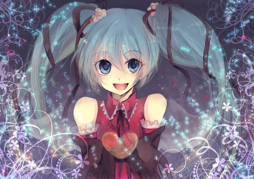 bad_id blue_eyes blue_hair christmas elbow_gloves gloves hair_ribbon hatsune_miku heart highres kokonoe_miya long_hair open_mouth ribbon smile solo sparkle twintails vocaloid