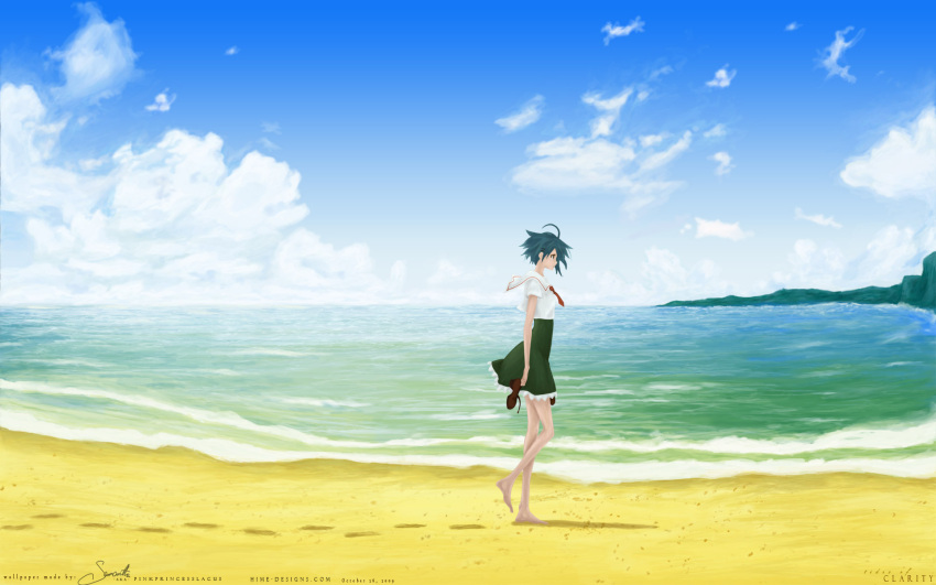 1girl ahoge arms_at_sides barefoot beach blue_hair brown_shoes clouds female green_skirt holding_shoes miyamori sand skirt sky solo tagme tie umi_monogatari walking water