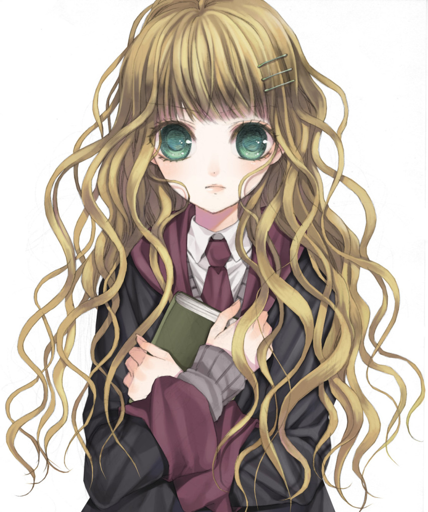 brown_hair green_eyes hair_ornament hairpin harry_potter hermione_granger highres long_hair necktie solo tsukino_omame