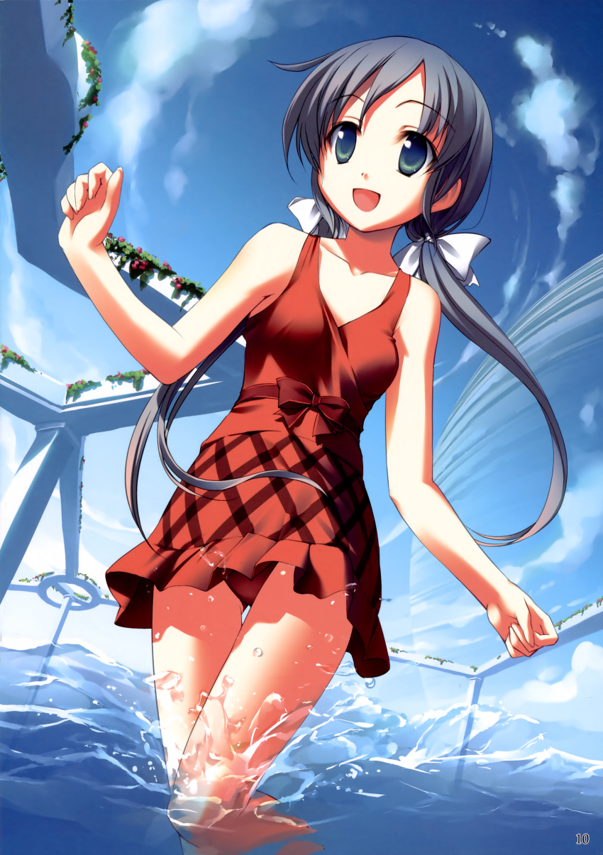 1girl :d black_hair blue_hair blush bow dress hair_ribbon highres kogemashita long_hair open_mouth panties red_panties ribbon skirt sky small_breasts solo splash swimsuit takoyaki_(roast) thighhighs twintails underwear water wet