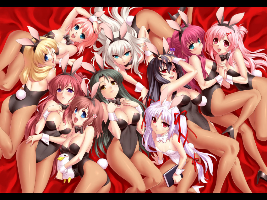 11eyes 6+girls animal_ears ass azuma_shione bird black_hair blonde_hair blue_eyes blush book breast_suppress breasts brown_hair bunny_ears bunny_tail bunnygirl bunnysuit choker cleavage flat_chest glasses high_heels highres hirohana_yukiko kouno_mio kuroshiba_kanae kusakabe_misuzu long_hair lying minase_yuka momose_shiori multiple_girls natsuki_kaori pantyhose penguin pink_hair purple_eyes red_eyes red_hair ribbon rizetto_verutooru shoes short_hair stuffed_animal stuffed_toy tail tajima_takahisa twintails wallpaper white_hair yellow_eyes zen