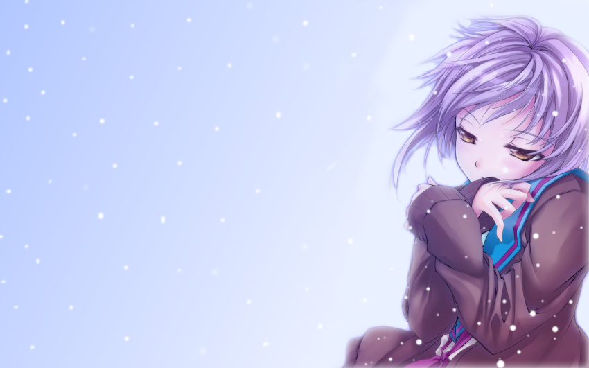 blue coat nagato_yuki purple_hair school_uniform snow suzumiya_haruhi_no_yuuutsu yellow_eyes