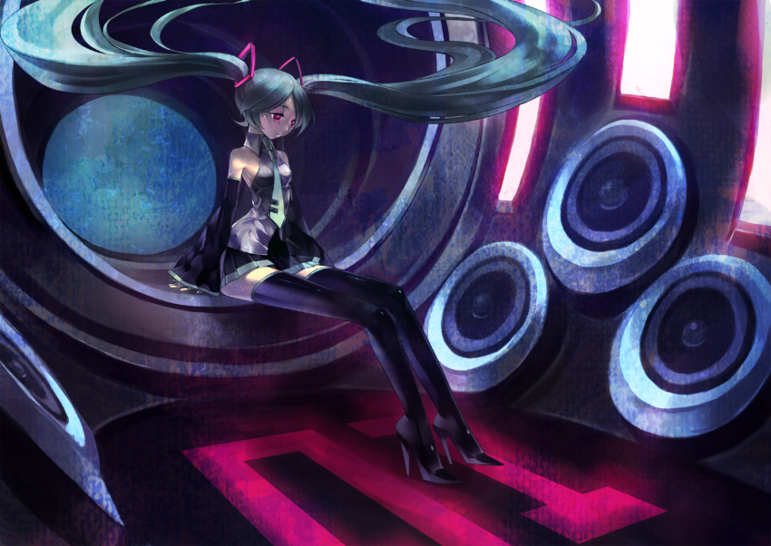 aqua_hair bad_id detached_sleeves hatsune_miku legs long_hair necktie red_eyes sitting skirt solo takekono thighhighs twintails very_long_hair vocaloid zettai_ryouiki