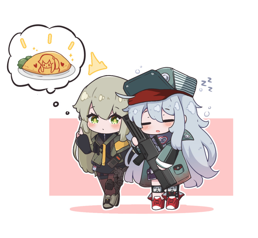 2girls assault_rifle bangs black_shirt blush brown_eyes chibi closed_mouth commission commissioner_upload drooling exoskeleton eyebrows_visible_through_hair food full_body g11_(girls'_frontline) girls_frontline green_eyes green_jacket grey_hair gun h&amp;k_g11 hair_between_eyes hat holding holding_gun holding_weapon id_card jacket knee_pads kurotofu long_hair multiple_girls open_mouth pantyhose pointing pointing_up rifle shirt single_knee_pad sleeping sleeping_upright standing symbol-shaped_pupils talking thought_bubble ump40_(girls'_frontline) walkie-talkie weapon white_background zzz