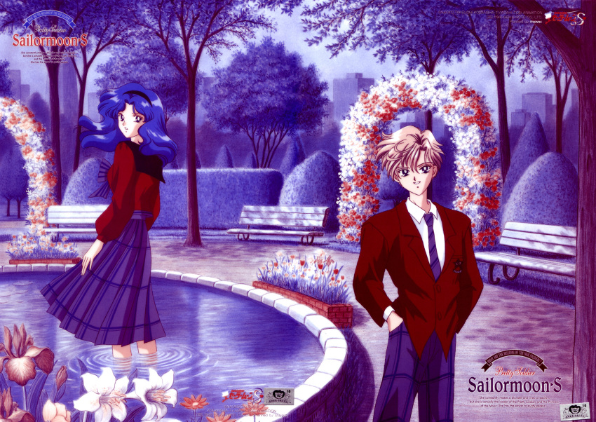 bishoujo_senshi_sailor_moon couple flower kaiou_michiru outside park ten'ou_haruka wavy_hair yuri