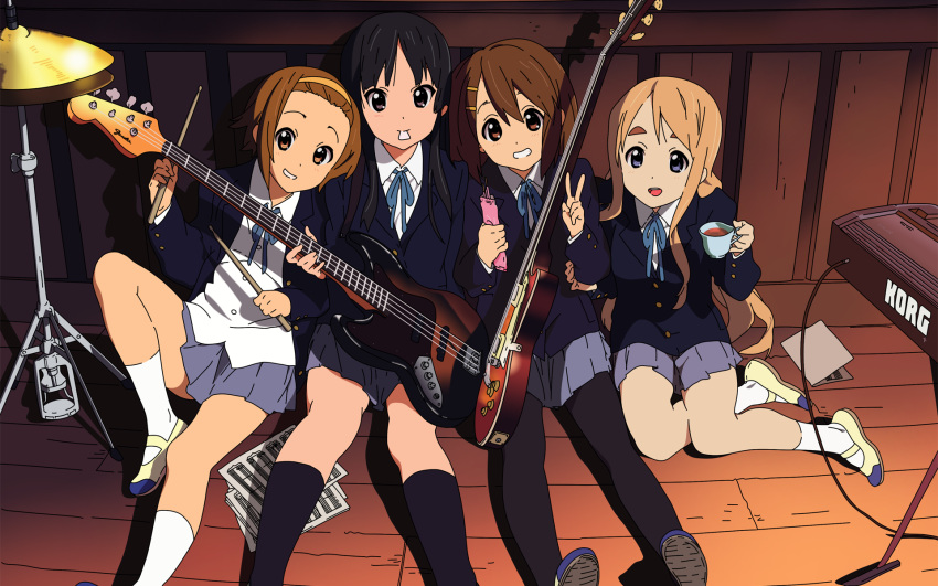 akiyama_mio bass_guitar black_eyes black_hair black_legwear black_socks blazer blonde_hair blue_eyes brown_eyes brown_hair buttons collar cup floor guitar hairband hirasawa_yui horiguchi_yukiko k-on! kotobuki_tsumugi long_hair official_art pocky ribbon school_uniform shirt short_hair tainaka_ritsu tea uwabaki vector wall wallpaper white_legwear white_socks widescreen