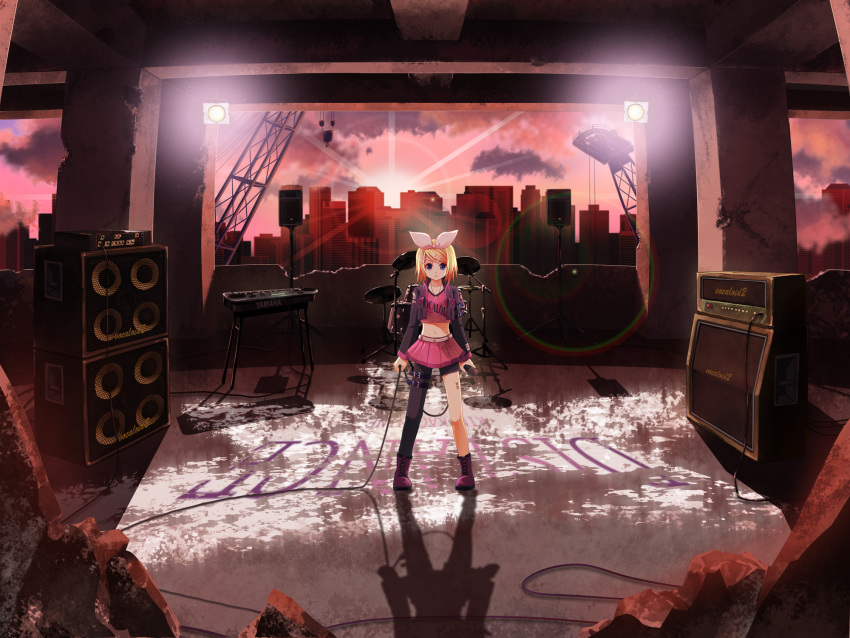 amplifier blonde_hair blue_eyes cable drum hair_ornament hair_ribbon hairclip highres instrument jewelry kagamine_rin keyboard_(instrument) legs microphone midriff necklace ribbon ruins shiramori_yuse short_hair skirt solo speaker vocaloid yamaha