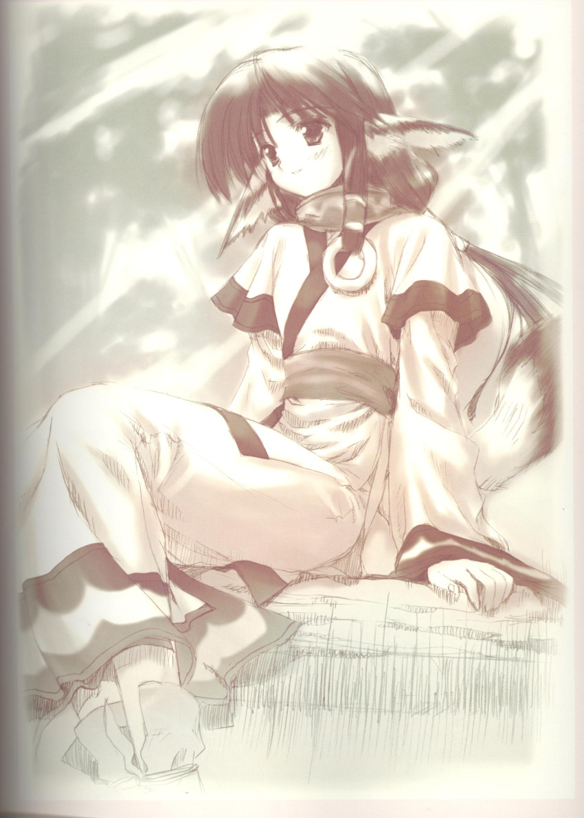 dog_ears eruru eruruu eruruw flat_chest gradient highres inumimi japanese_clothes long_hair monochrome pettanko pony_tail robes sitting tail utawareru_mono utawarerumono