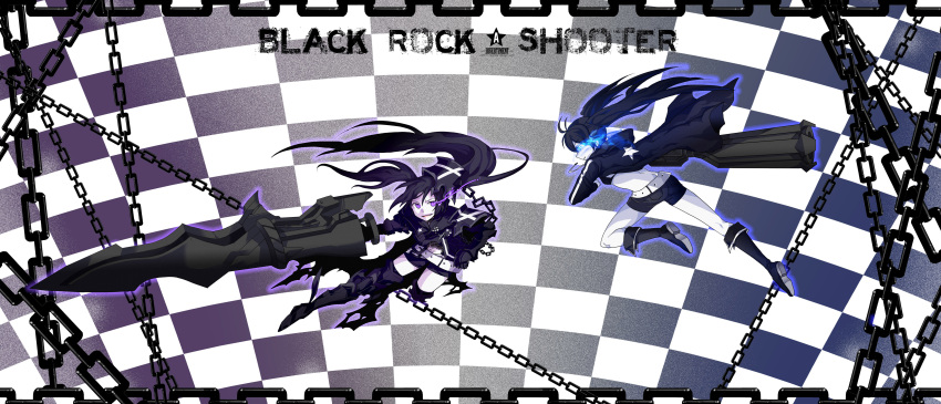 2girls absurdres arm_cannon armor aura battle belt bikini_top black_hair black_rock_shooter black_rock_shooter_(character) blue_eyes boots chain checkered diverti fang flat_chest front-tie_top gauntlets glowing glowing_eyes greaves gun highres hood huge_weapon insane_black_rock_shooter jacket knee_boots long_hair midriff multiple_girls navel pale_skin purple_eyes scar shorts star sword thigh_boots thighhighs twintails uneven_twintails weapon